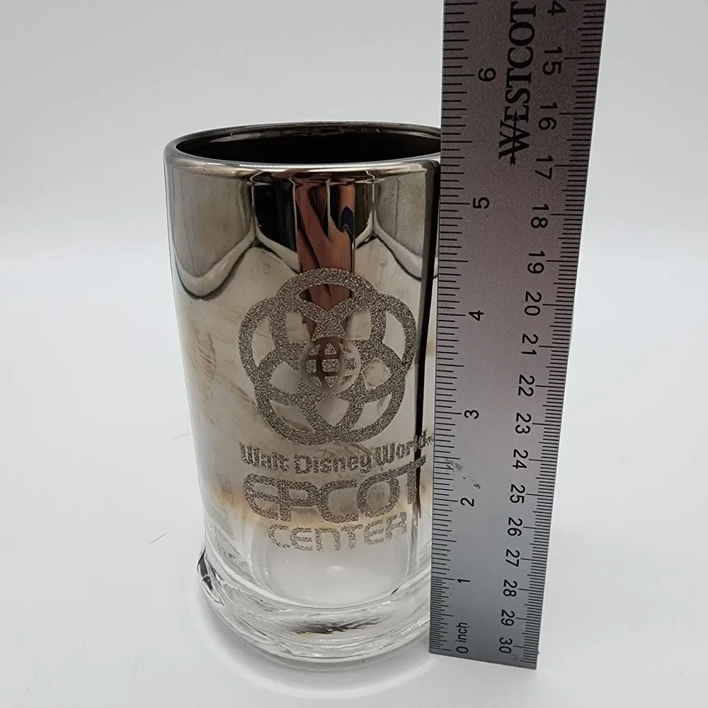 Vintage Disney World Glass Mug Stein Epcot Center Handle Silver Mirrored Etched